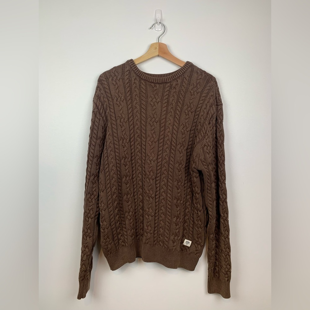 Katin Cable Knit Sweater Brown Fisherman Thick Heavy Size Large Cotton Crewneck